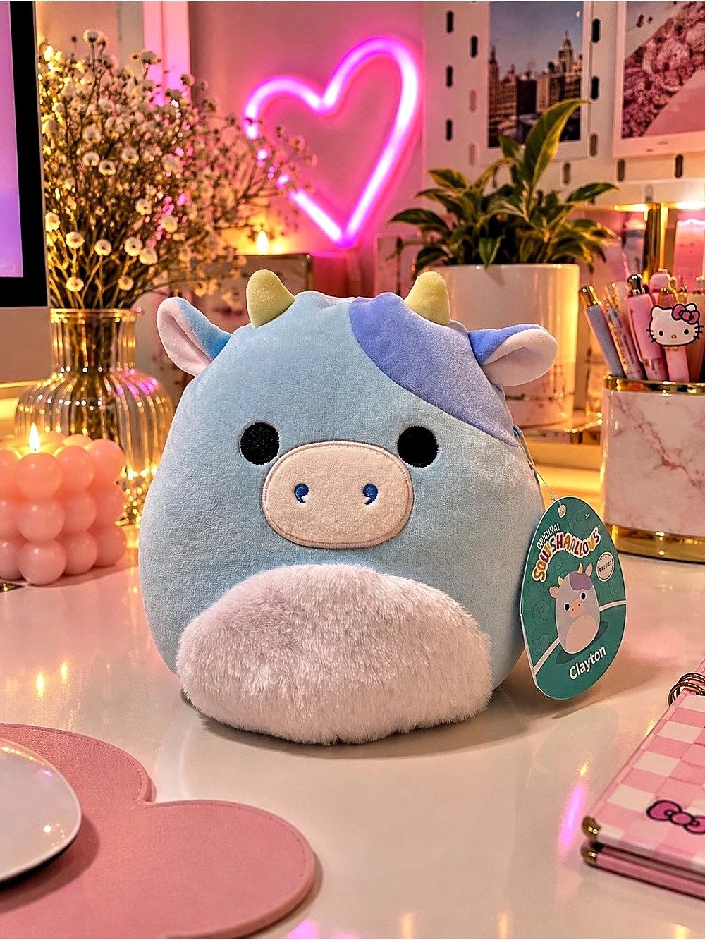 Squishmallows Clayton the Blue Cow Plush Blue & Pink